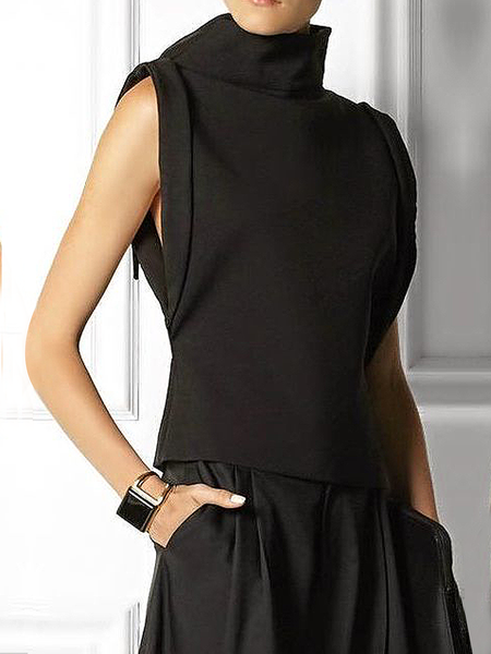 

Regular Fit Stand Collar Urban Sleeveless Blouse, Black, Blouses and Shirts