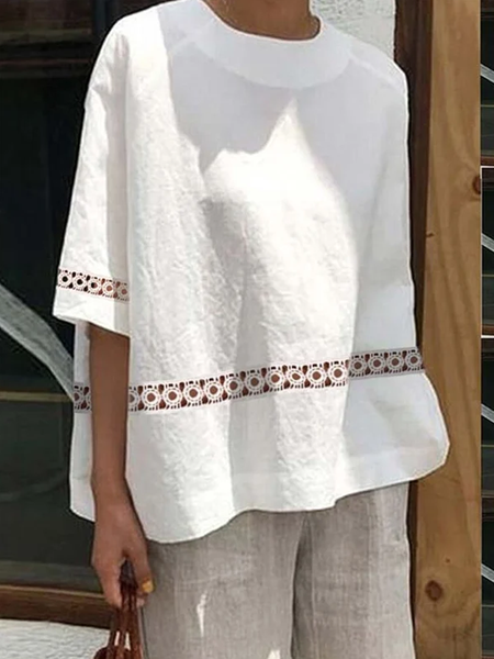

Crew Neck Linen Plain Shirt, White, Shirts & Blouses