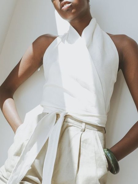 

Vacation Plain Halter Tank Sleeveless Top, White, Tanks and Camis