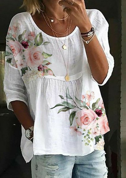 

Crew Neck Casual Floral Shirt, White, Tunics
