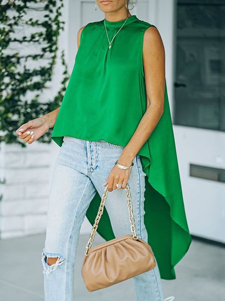 

Stand Collar Loose Plain Urban Tank Top, Green, Tanks and Camis