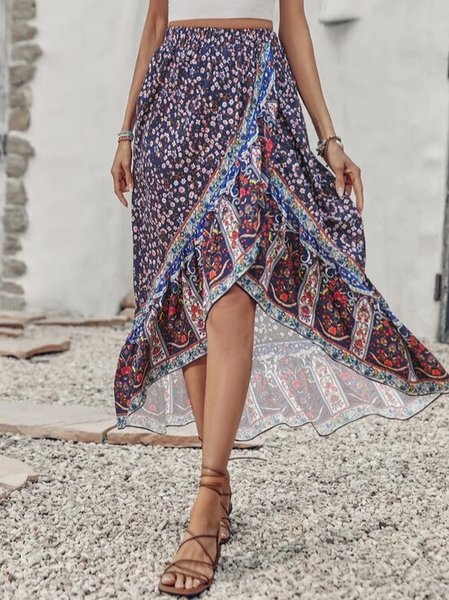 

Boho Loose Floral Cotton-Blend Skirt, Multicolor, Skirts