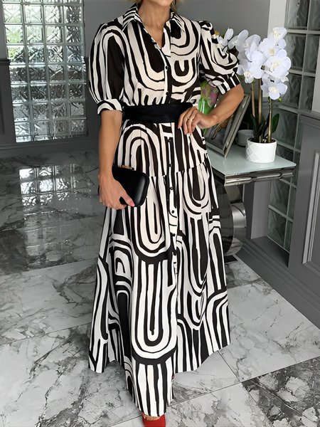 Loose Abstract Vacation Shirt Collar Maxi Dress, Black-white, Maxi Dresses