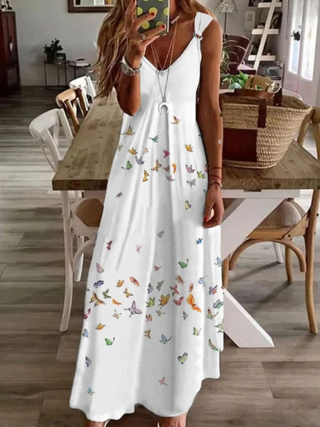 

Plus Size Casual Butterfly Sleeveless V Neck Printed Dress, White, Dresses