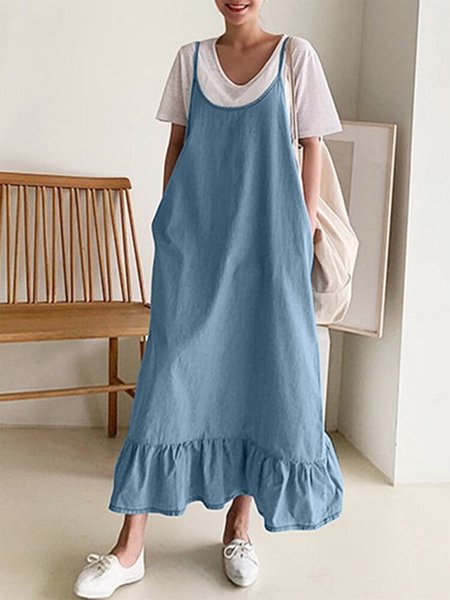 

Loose V Neck Cotton Linen Two-Piece Set, Blue, Tops