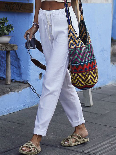 Casual Soild Drawstring Cotton Straight Pant, White, Pants