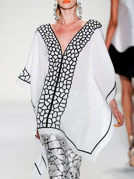 

V Neck Vacation Geometric Loose Shirt, White, Blouses and Shirts