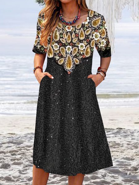 

Printing Loose Vintage Crew Neck Dress, Black, Dresses