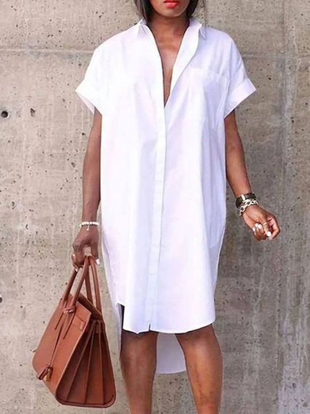 

Urban Simple Shirt Collar Loose Plain Dress, White, Midi Dresses
