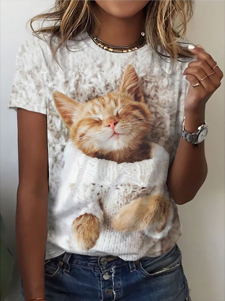 

Loose Cat Crew Neck Casual T-Shirt, White, T-Shirts