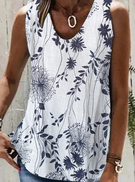 

Casual Floral Crew Neck Tank Top, White, Tanks & Camis