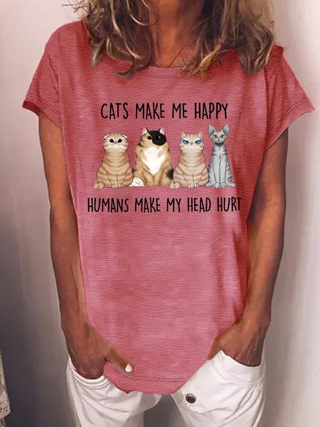 

Women's Cat Make Me Happy Humans Makes My Head Hurt Funny Cat Graphic Printing Loose Text Letters Cotton-Blend Casual T-Shirt, Red, T-shirts