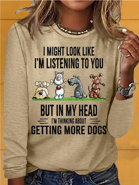 

Women's In My Head I'm Thinking About Getting More Dogs Casual Letters Shirt, Khaki, Long sleeves