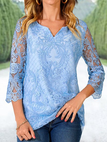 

Loose Elegant V Neck Lace Shirt, Blue, Shirts & Blouses