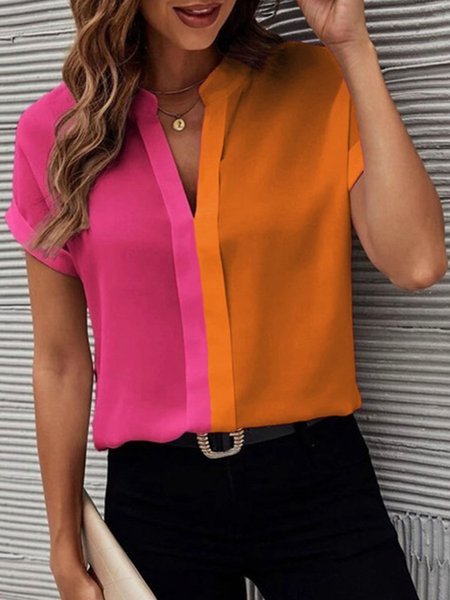 

Urban Loose Color Block Stand Collar Blouse, As picture, Blouses and Shirts