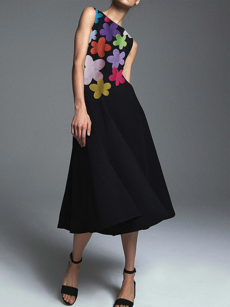 

Crew Neck Sleeveless Regular Fit Floral Elegant Midi Dress, Black, Midi Dresses