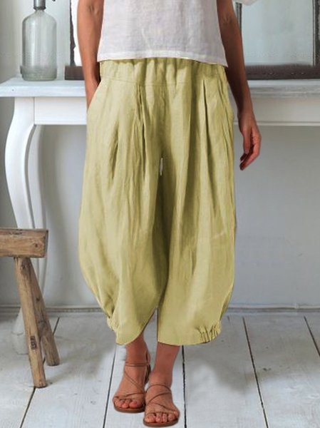 

Casual Shirred Cotton And Linen Plain Pants, Yellow, Pants