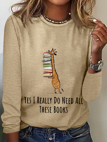 

Women's Funny Word Yes I Really Need These Books Print Text Letters Regular Fit Simple Shirt, Khaki, Long sleeves