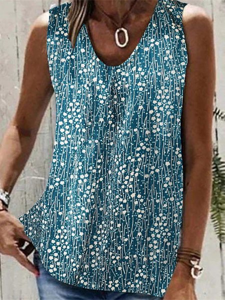 

Floral Loose Casual Tank Top, Blue, Tanks & Camis