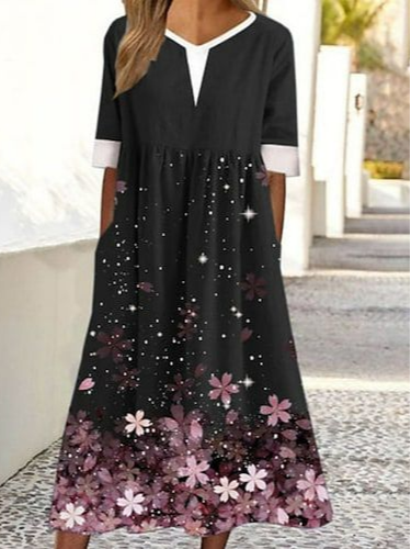 

Loose Crew Neck Vacation Floral Dress, Black, Dresses