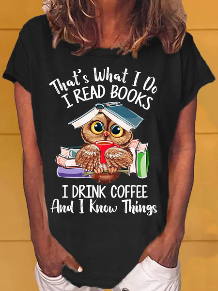 Women's Owl Coffe Book Funny Casual Letters T-Shirt, Black, T-shirts