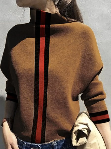 

Long sleeve Elegant Acrylic Turtleneck Striped Sweater, Light brown, Pullovers
