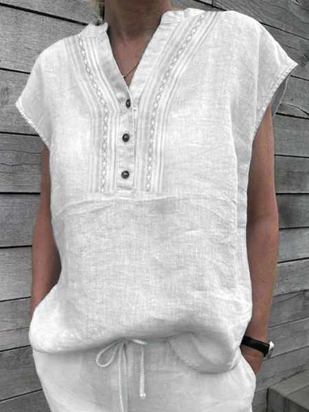 

Plain Summer Lace Buttoned V Neck Cotton And Linen Top, White, Tees & T-shirts