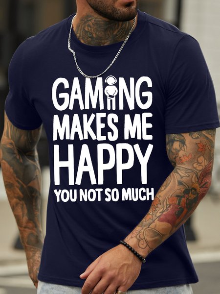 

Men's Gaming Makes Me Happy You Not So Mush Funny Graphic Printing Cotton Loose Casual Text Letters T-Shirt, Purplish blue, T-shirts