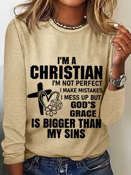 

Women’s I'm A Christian Simple Cotton-Blend Shirt, Khaki, Long sleeves