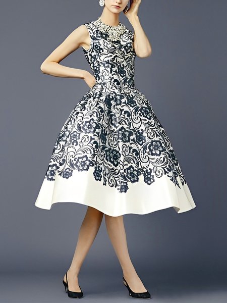 

Floral Crew Neck Regular Fit Elegant Sleeveless Mini Dress, As picture, Mini Dresses