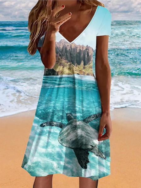 

Vacation Turtle Regular Fit V Neck Dress, Multicolor, Dresses