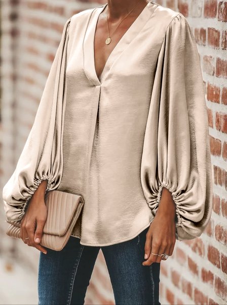 

Casual Solid V Neck Blouse, Gray, Blouses and Shirts
