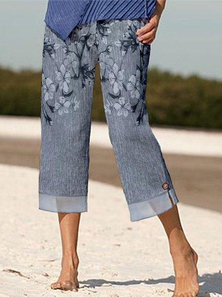 

Buttoned Floral Casual Pants, Gray, Pants