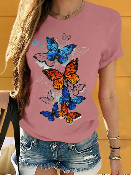 

Women's Butterfly Print Cotton Casual Crew Neck T-Shirt, Pink, T-shirts