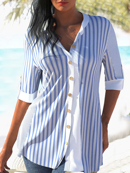 

Buttoned Casual V Neck Striped Blouse, Blue, Shirts & Blouses