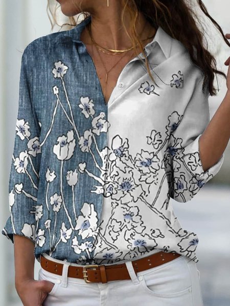 

Loose Casual Floral Shirt Collar Blouse, Blue, Shirts & Blouses