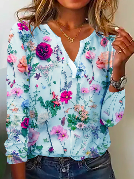 

Long Sleeve Floral Casual Blouse, Blue, T-shirts