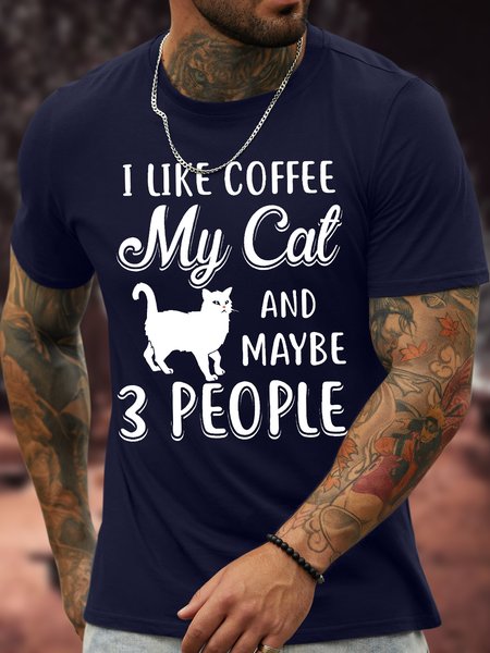 

Men's I Like Coffee My Cat And Maybe 3 People Funny Graphic Printing Casual Text Letters Loose Cotton T-Shirt, Purplish blue, T-shirts