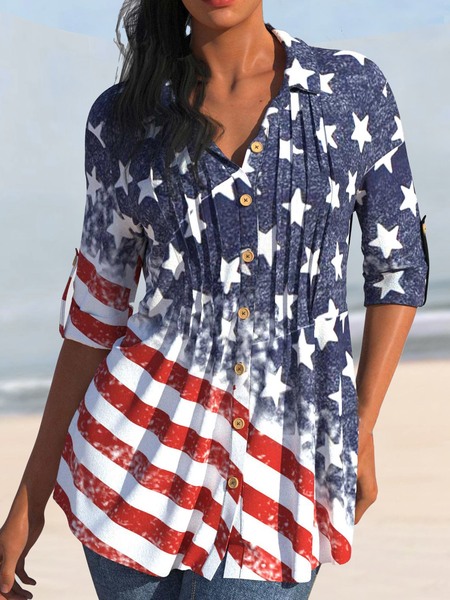 Loose Casual America Flag Blouse, Red-blue, Shirts & Blouses