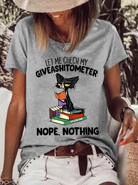 

Women’s Black Cat Let Me Check My Giveashitometer Nope Nothing Reading Book Cotton T-Shirt, Gray, T-shirts