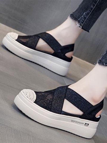 

Resort Woven Cutout Platform Espadrilles, Black, Sandals & Slippers