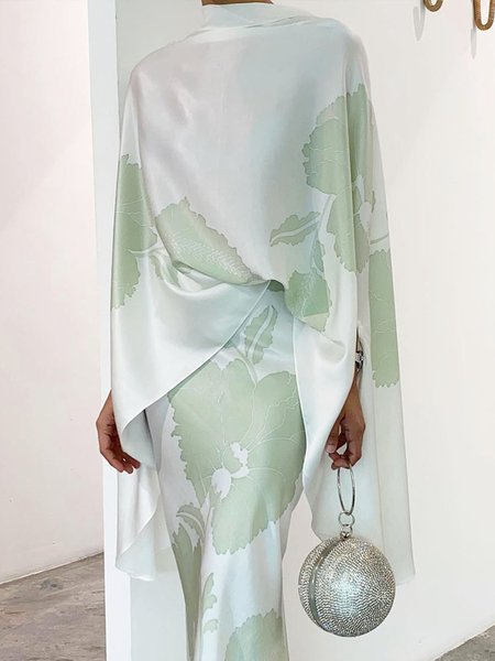 

Elegant Floral Print Stand Collar Loose Shirt, White-green, Blouses and Shirts