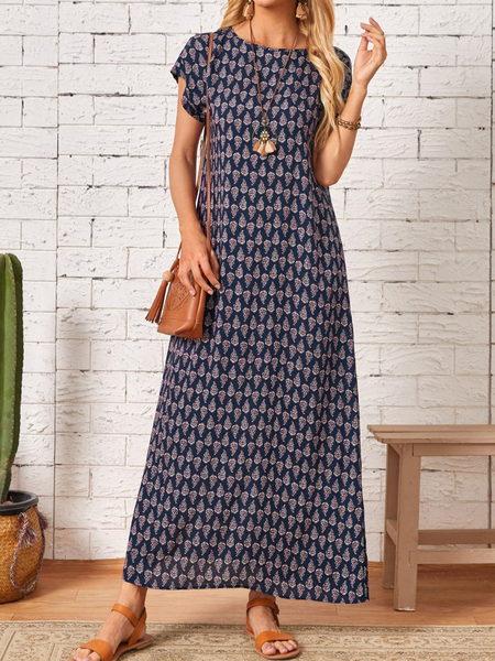 

Floral Loose Ethnic Crew Neck Dress, Dark blue, Dresses