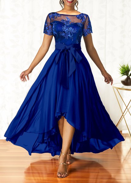 

Crew Neck Regular Fit Party Lace Dress, Blue, Formal Dresses