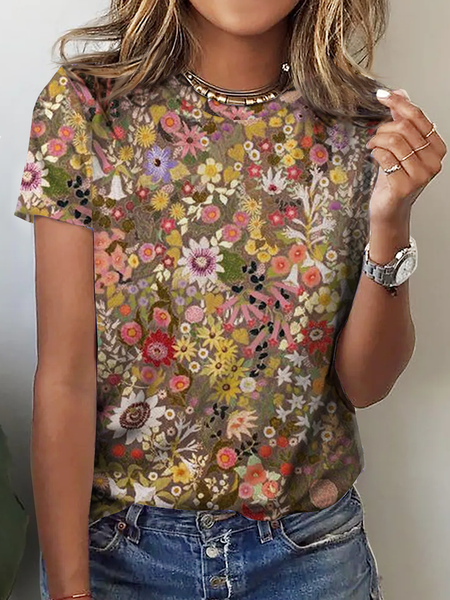 

Loose Crew Neck Casual Knitted T-Shirt, Multicolor, T-Shirts