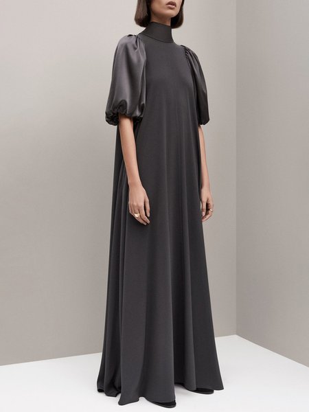 

Stand Collar Plain Urban Long Dress, Black, Maxi Dresses