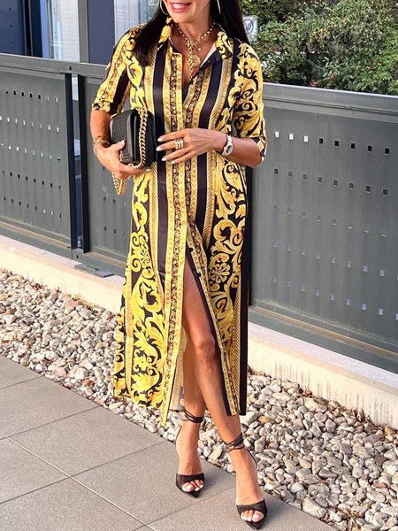 

Shirt Collar Loose Floral Print Urban Dress, Yellow, Maxi Dresses