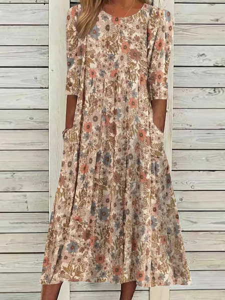

Crew Neck Floral Knitted Casual Dress, Multicolor, Dresses