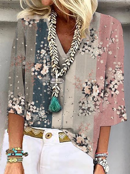 

Plus Size Boho Loose V Neck Shirt, Multicolor, Shirts & Blouses