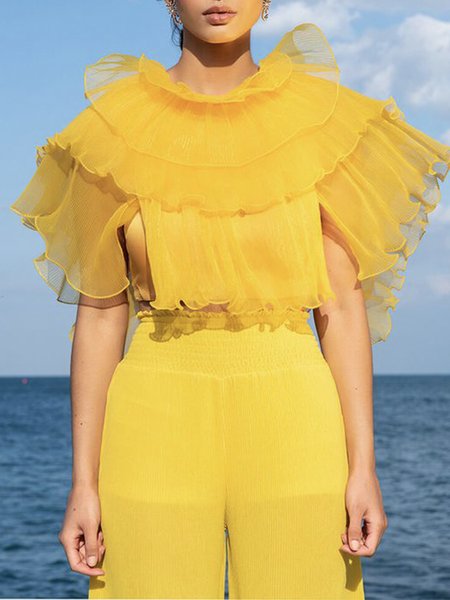 

Regular Fit Elegant Lotus Leaf Collar Plain Shirt, Yellow, Blouses and Shirts